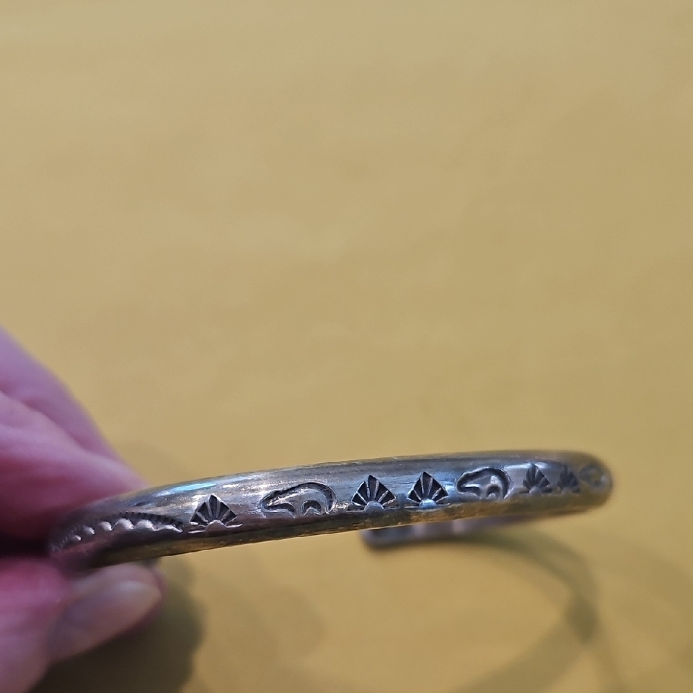 Vintage Sterling Silver Navajo Cuff With a Stamped Sun Ray and Bear Design